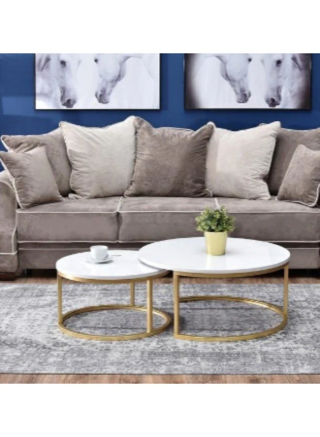 Two-piece table set - Material: Electrostatically painted steel, resistant to rust, moisture, and scratches, with a white Turkish Carrara marble top - Table size (1): Diameter: 70cm - Height: 50cm - Table size (2): Diameter: 50cm - Height: 45cm - No assembly required